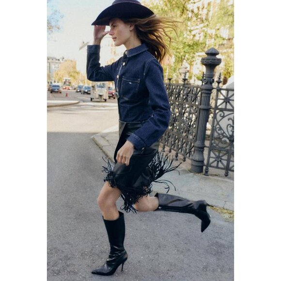 ZARA FAUX LEATHER FRINGED MIDI SKIRT - Picture 1 of 11